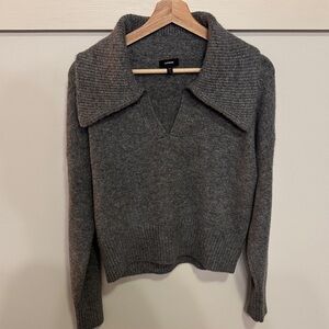 Express Women’s Collared V-neck Long Sleeve Polo Sweater Gray Cropped Size M